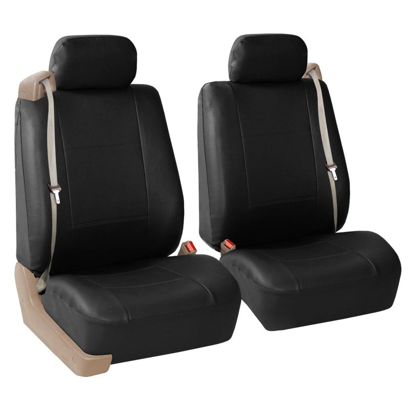 FH Group Front Set Faux Leather Car Seat Covers Low Back Seat with Removable Headrest, Universal Fit, Airbag Compatible Car Seat Cover for SUV, Van, Black - Image 1